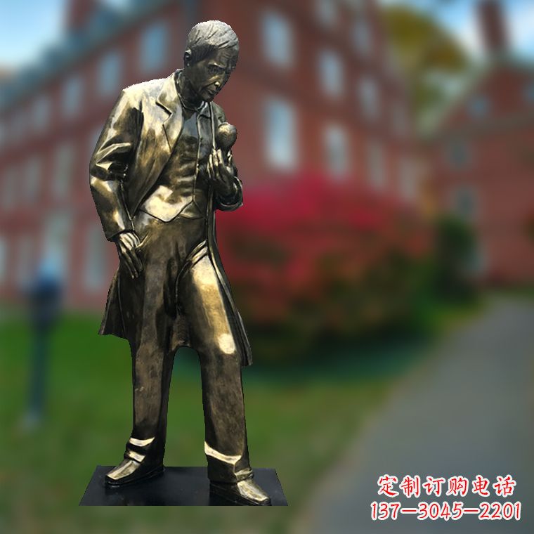 潍坊爱迪生与灯泡-玻璃钢仿铜校园名人全身雕塑