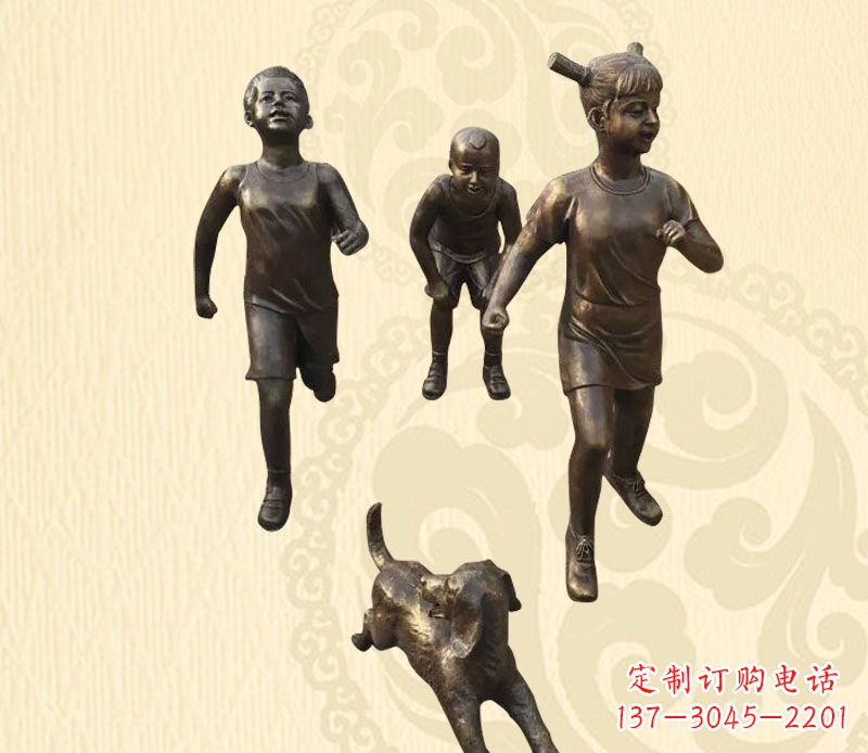 潍坊奔跑的儿童和小狗小品铜雕