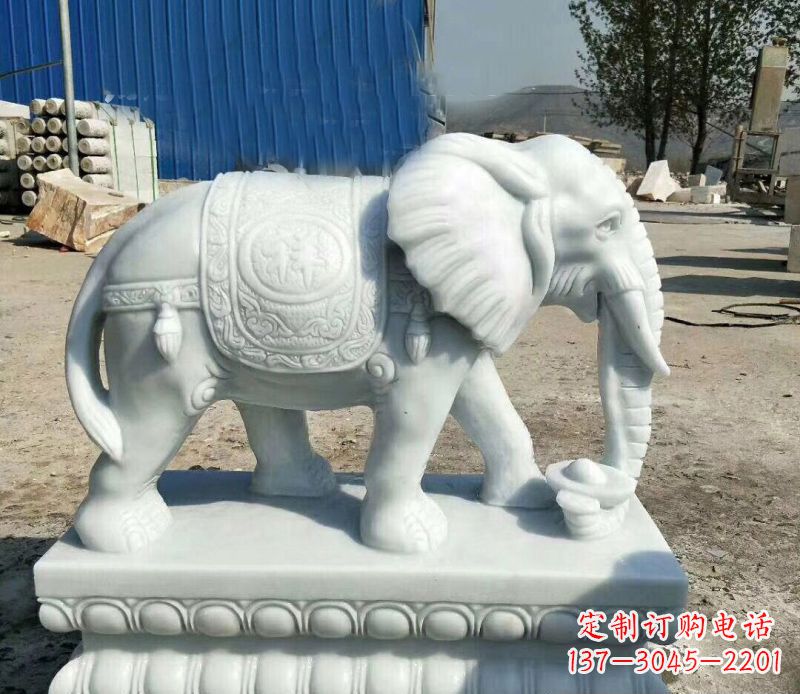 潍坊鼻卷元宝的大象汉白玉吉祥如意石雕