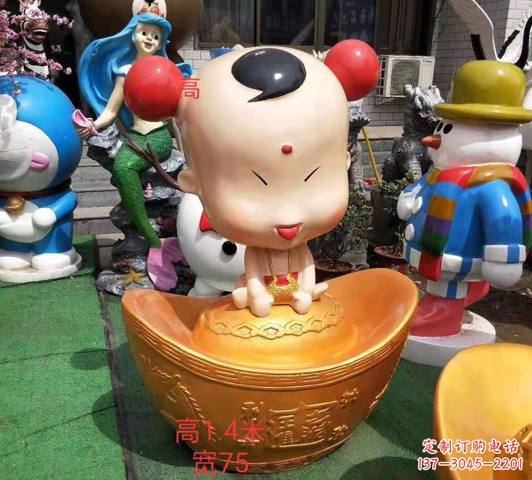 潍坊玻璃钢卡通元宝娃娃雕塑招财人物摆件