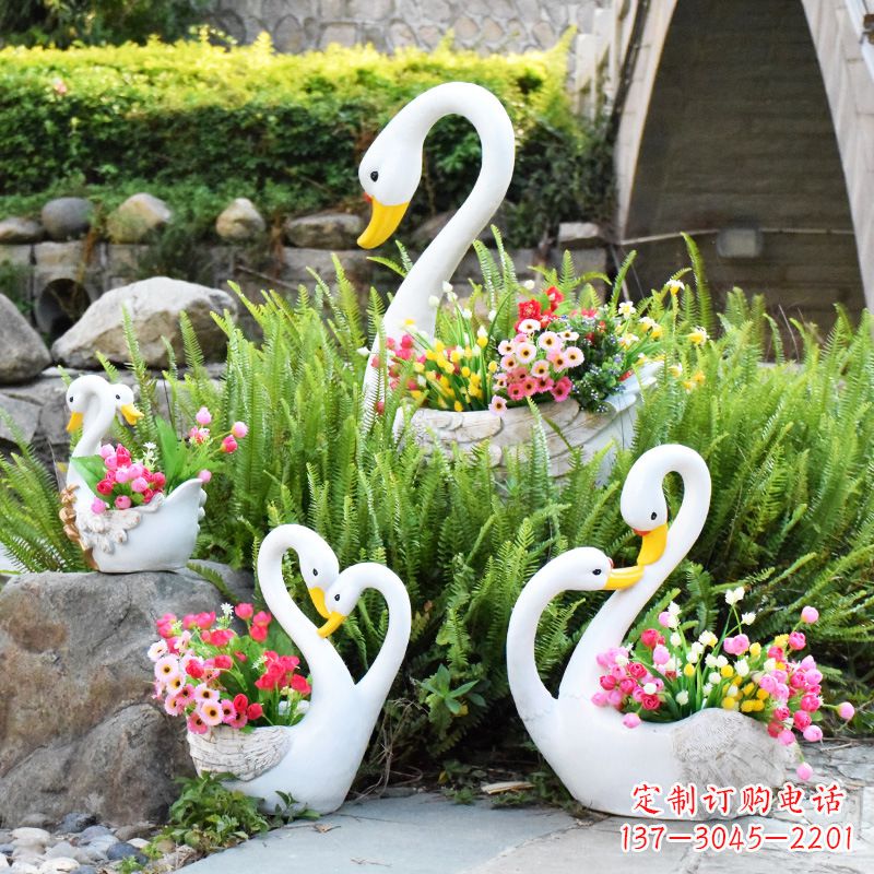 潍坊玻璃钢天鹅花盆公园雕塑摆件