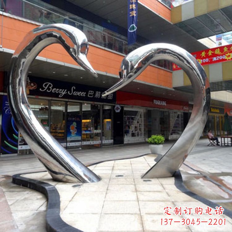 潍坊不锈钢爱心天鹅情侣雕塑-大型户外广场抽象动物景观摆件心型天鹅头雕塑