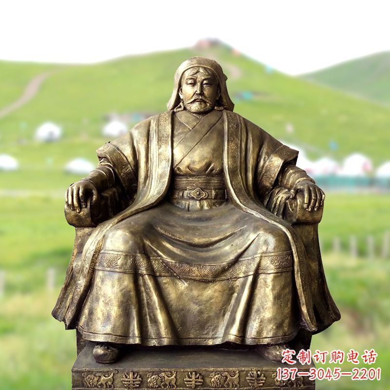 潍坊成吉思汗玻璃钢雕塑-仿铜坐姿铁木真雕像