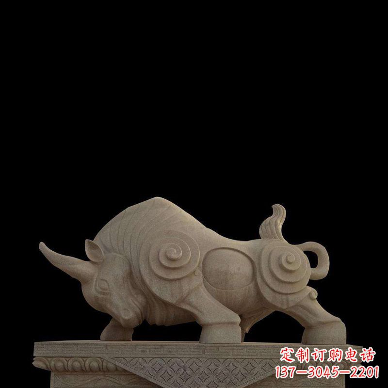 潍坊抽象牛砂岩雕塑-生肖动物石雕摆件