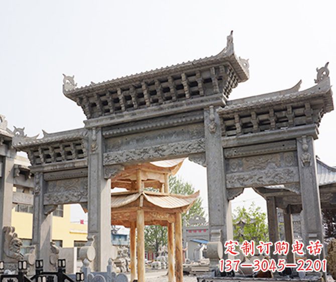 潍坊村庄大理石三门牌坊石雕