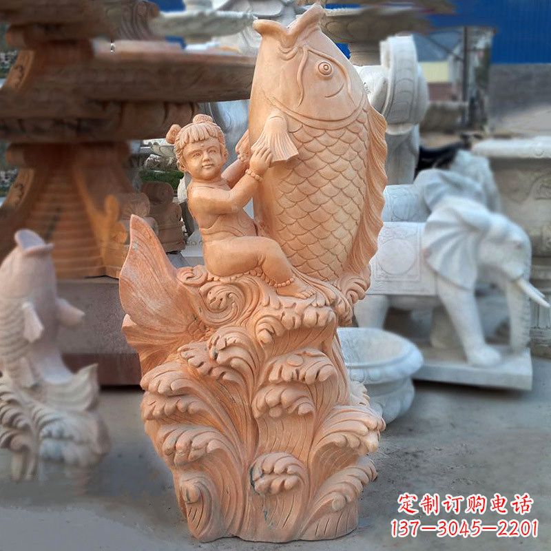 潍坊大型喷水鲤鱼雕塑-晚霞红石喷泉
