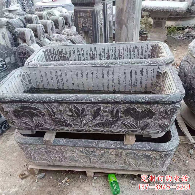 潍坊方形石槽雕塑,打造完美家庭养鱼石缸