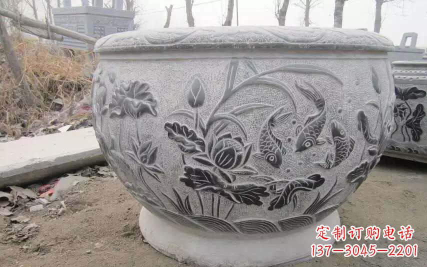 潍坊仿古雕刻鲤鱼石浮雕水缸