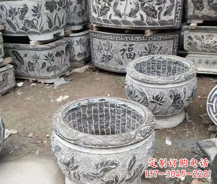 潍坊仿古荷花石浮雕水缸塑像