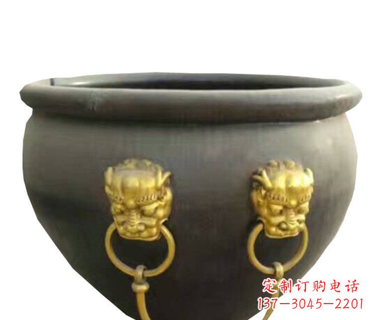 潍坊传统工艺鎏金狮子头水缸铜雕塑