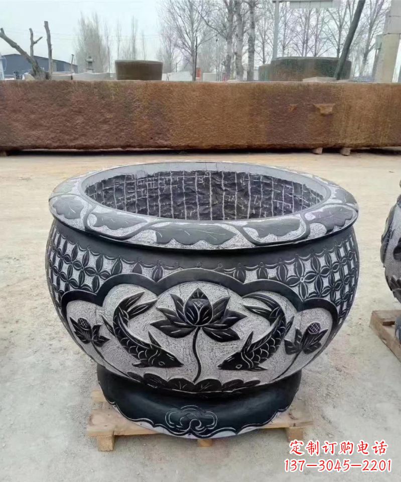 潍坊仿古石雕荷花鲤鱼水缸