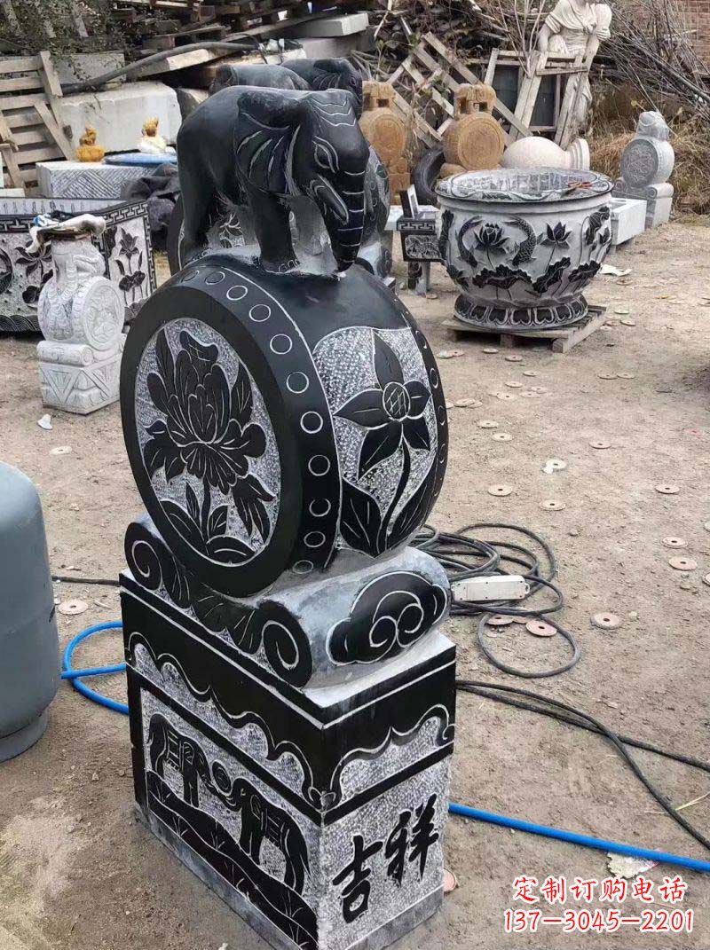 潍坊传统工艺小象抱鼓石雕塑