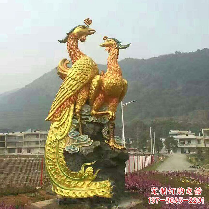 潍坊凤凰景观铜雕塑-公园景区瑞鸟凤凰鎏金景观雕塑