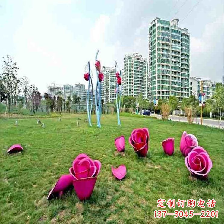 潍坊公园草坪不锈钢玫瑰装饰花朵雕塑