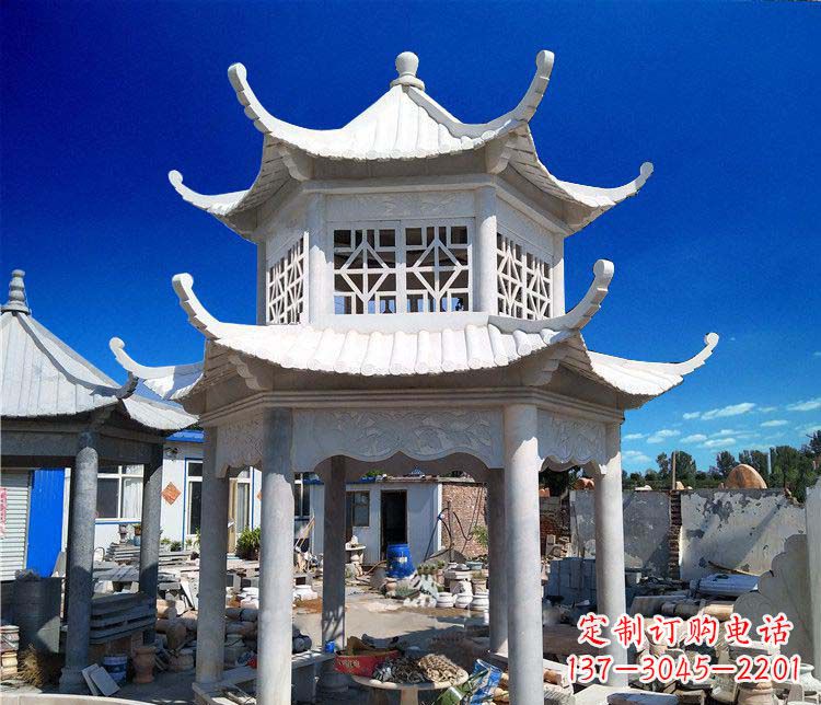 潍坊公园大理石六角石雕双层凉亭