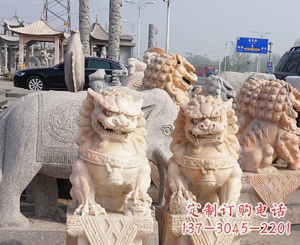 潍坊公园动物晚霞红狮子石雕