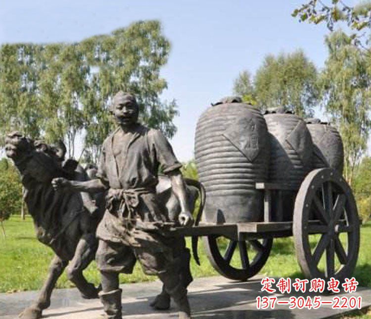 潍坊公园驾着牛车拉酒缸的古代人物小品铜雕