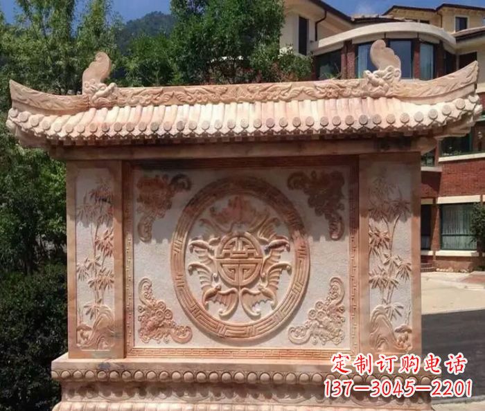 潍坊中领雕塑-公园晚霞红蝙蝠竹子石影壁雕塑
