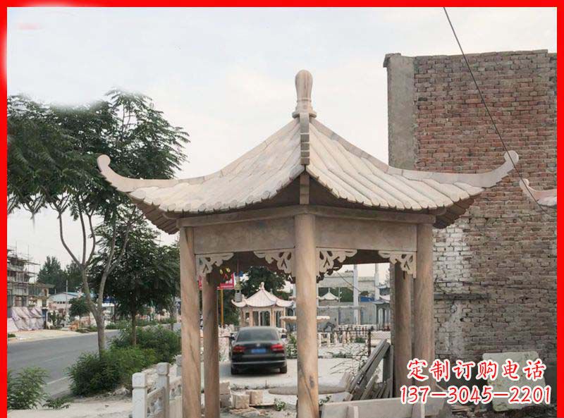 潍坊公园晚霞红六角石凉亭雕塑