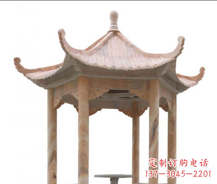 潍坊美丽而优雅的公园晚霞红六角石凉亭雕塑