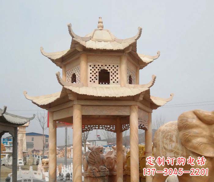 潍坊红双层六角石凉亭雕塑