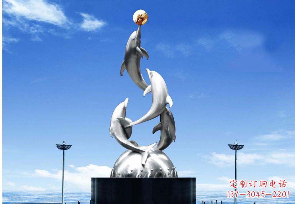潍坊广场不锈钢海豚顶球雕塑
