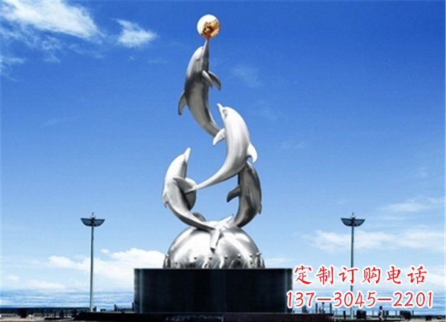 潍坊广场不锈钢海豚欢腾动物雕塑
