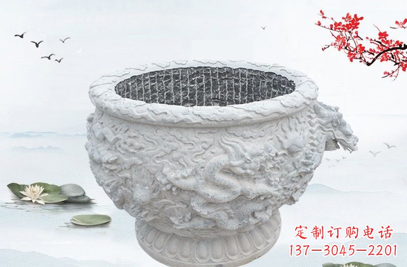潍坊汉白玉龙浮雕水缸