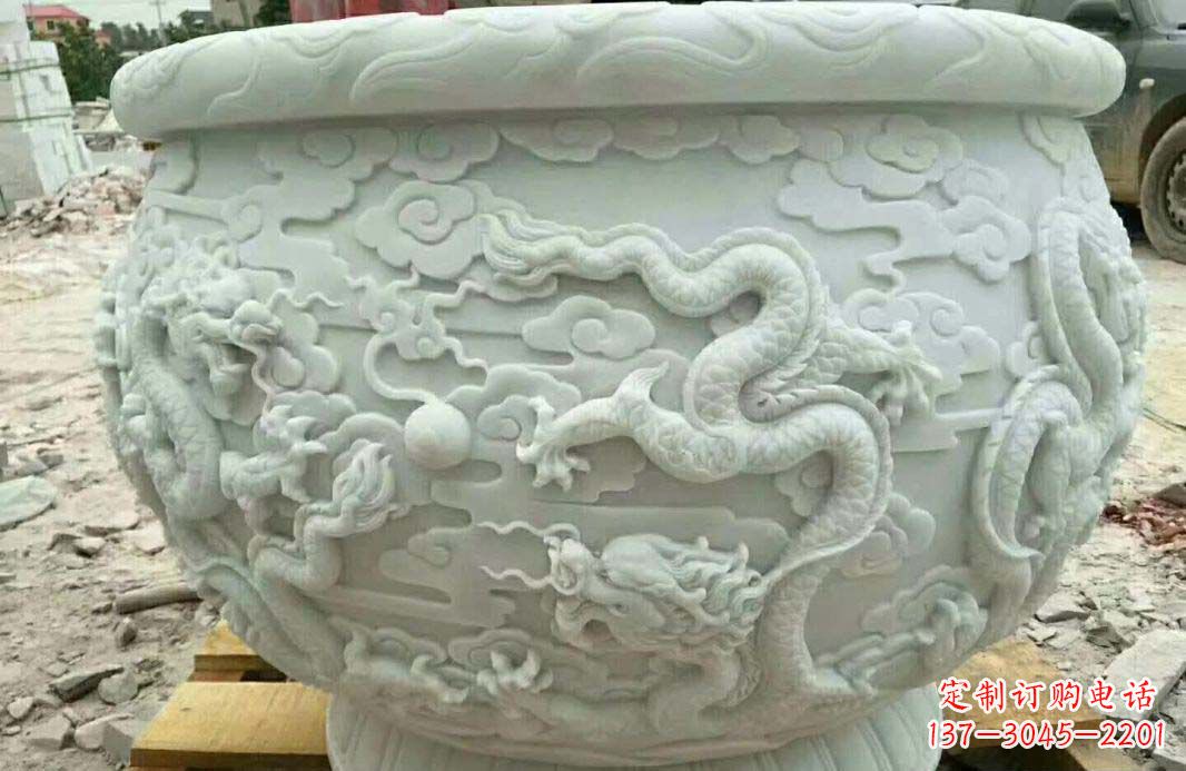 潍坊汉白玉龙浮雕水缸雕塑