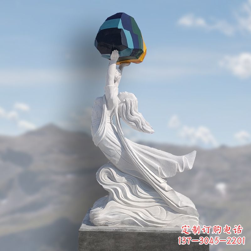 潍坊汉白玉女娲补天石雕雕塑摆件
