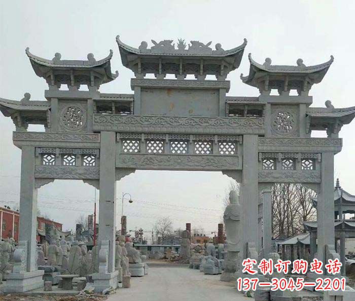 潍坊三门牌坊石雕，精美汉风石雕装饰景区
