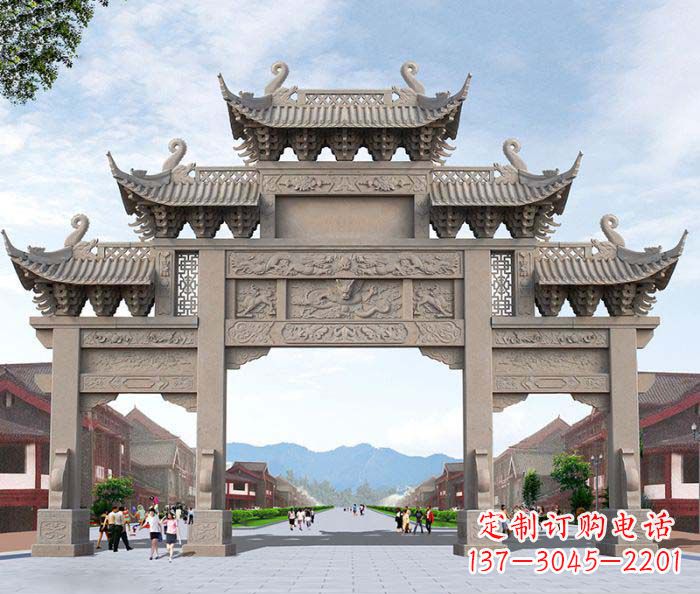 潍坊景区三门石雕牌楼——精美雕塑定制