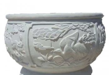 潍坊汉白玉松鹤延年浮雕水缸，带给您无尽的岁月美景