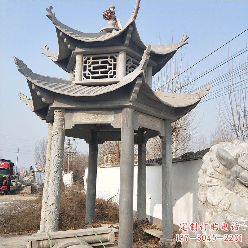 潍坊典雅精美的青石六角石凉亭雕塑