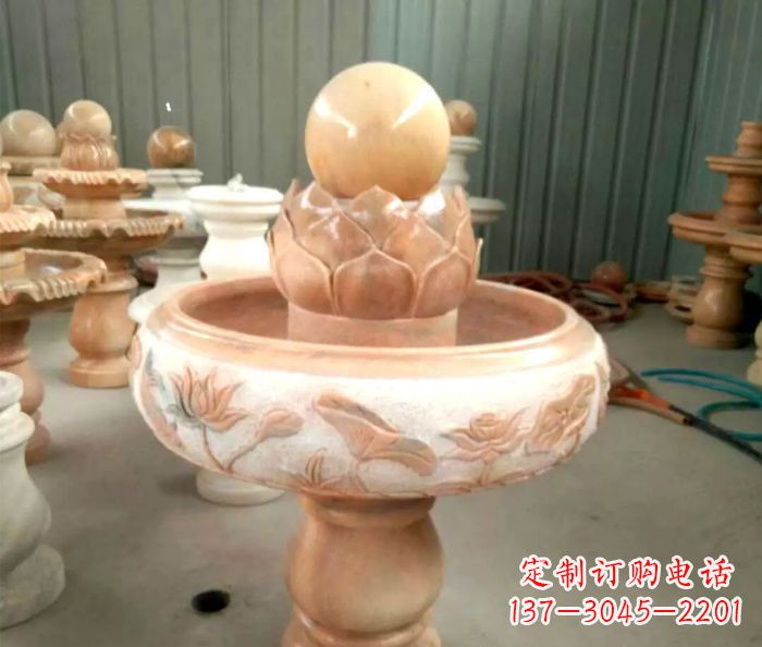 潍坊石来运转晚霞红风水球喷泉石雕