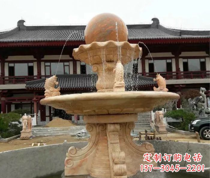 潍坊双层风水球喷泉晚霞红石雕