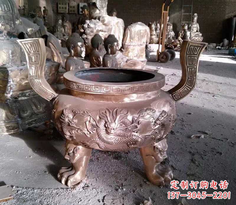 潍坊寺庙龙浮雕圆铜雕香炉