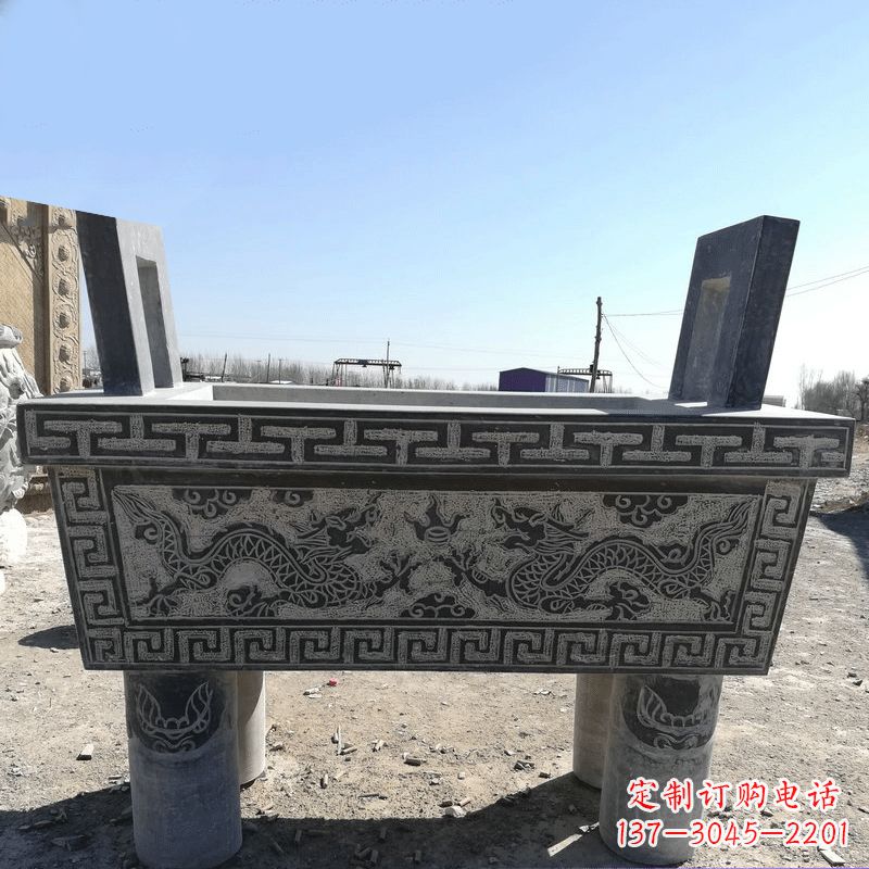 潍坊寺庙墓地祭祀四足方鼎,青石仿古石雕香炉