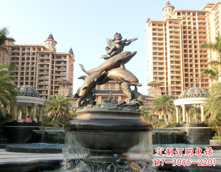 潍坊跳跃的海豚和小天使喷泉铜雕 