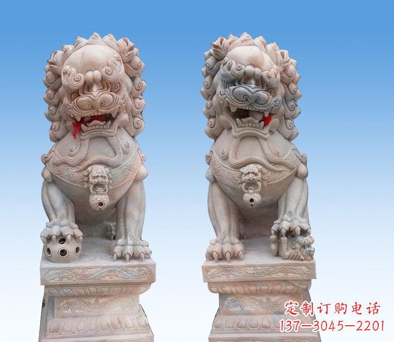 潍坊晚霞红踩球狮子石雕