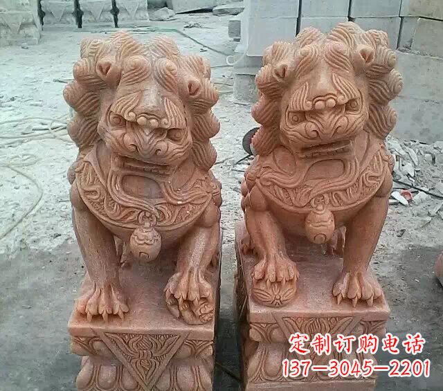 潍坊晚霞红传统狮子石雕