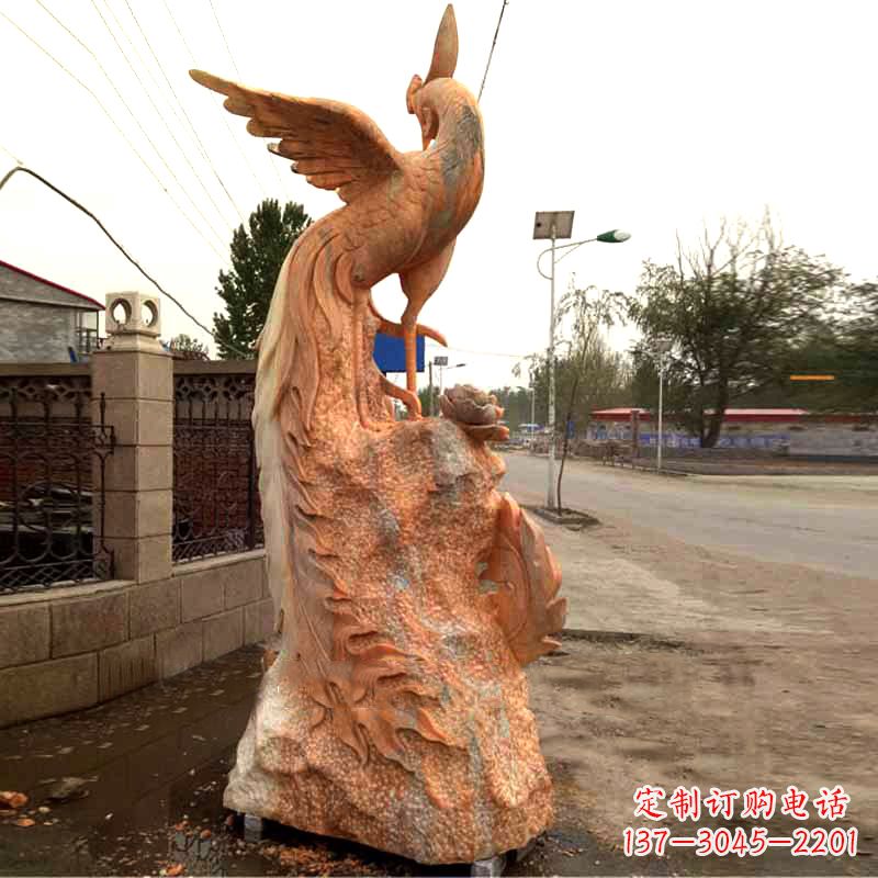 潍坊晚霞红大理石瑞鸟凤凰雕塑