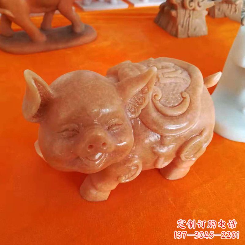 潍坊晚霞红大理石招财猪雕塑-企业商场创意生肖动物风水摆件