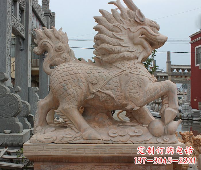 潍坊晚霞红古代神兽麒麟石雕