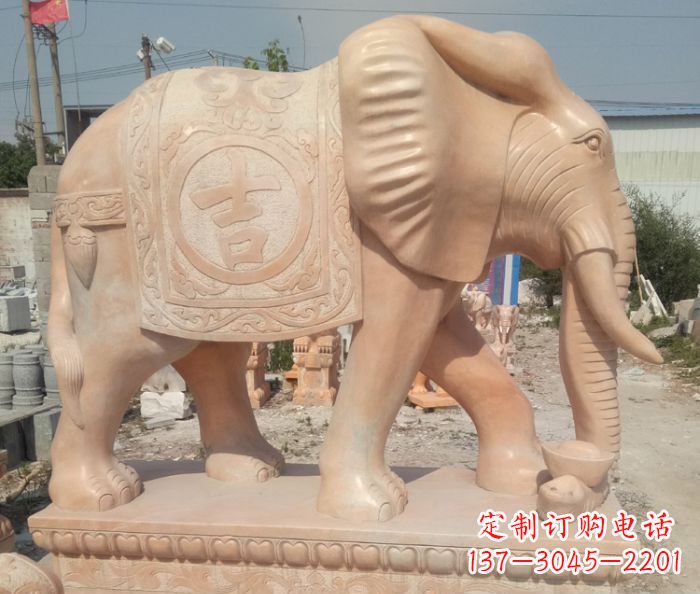 潍坊晚霞红吉祥如意门口大象石雕 (2)