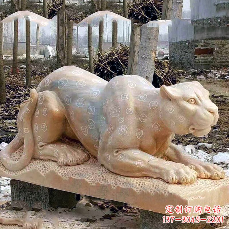 潍坊晚霞红金钱豹石雕-公园园林草坪动物雕塑