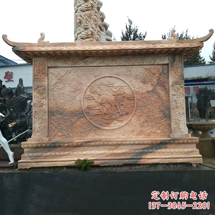 潍坊晚霞红麒麟影壁墙石雕