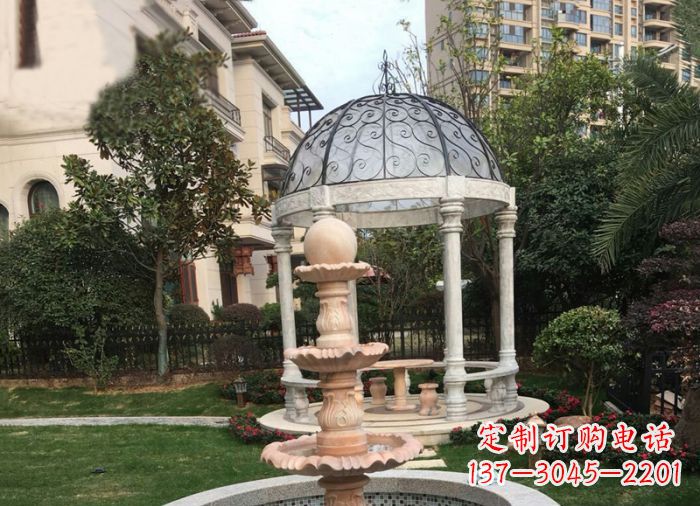 潍坊晚霞红三层风水球喷泉小区石雕