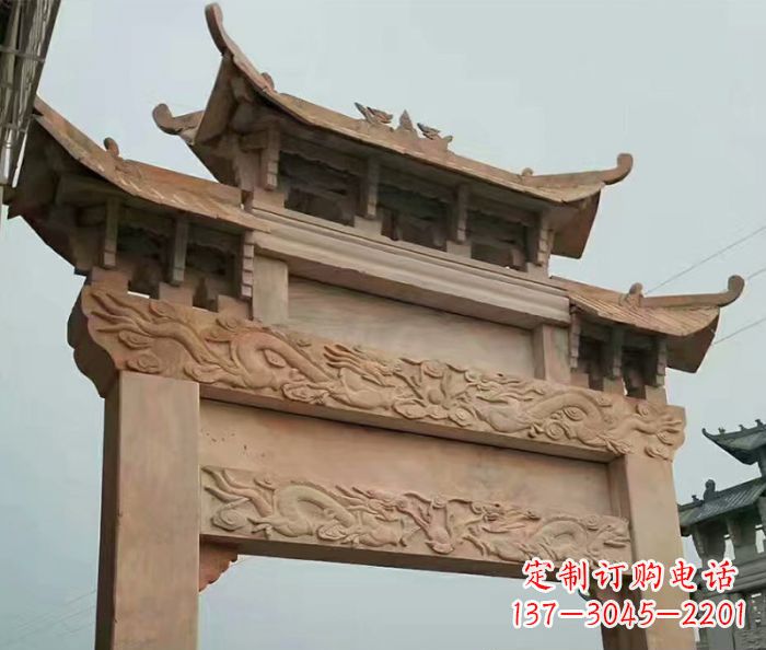 潍坊晚霞红石雕单门牌坊