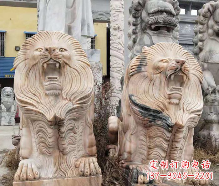 潍坊晚霞红石雕欧式石狮子